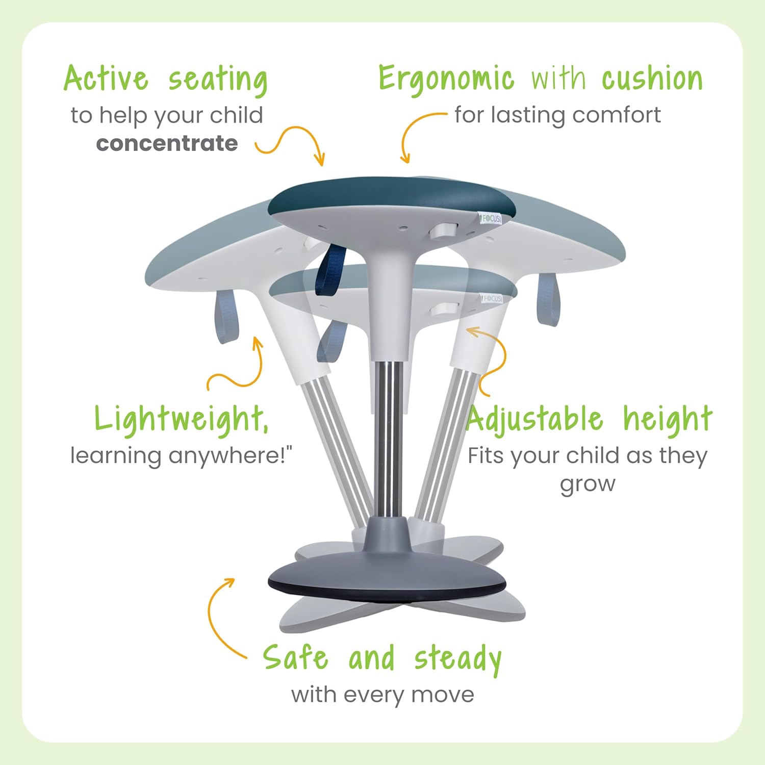 Wobble Stool for Kids Ages 7–12; Adjustable Height Wobble Stool; Classroom Seating with Soft, Easy-to-Clean New Fabric Cushion; Flexible Wiggle Chair for Focus & ADHD + Bonus Visual Timer (Lake Teal)