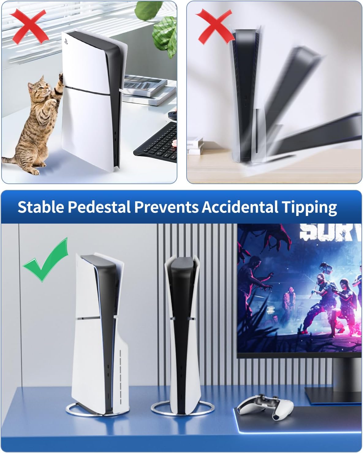 OLCLSS Vertical Stand for P5 Pro, P5 Slim & P5 Consoles (Digital/Disc) with 9 Silicone Dust Plugs - Anti-Slip Base, Anti-Tip Design, Secure Screw, Accessories, Compatible with P5 Pro, Slim & 5 Models