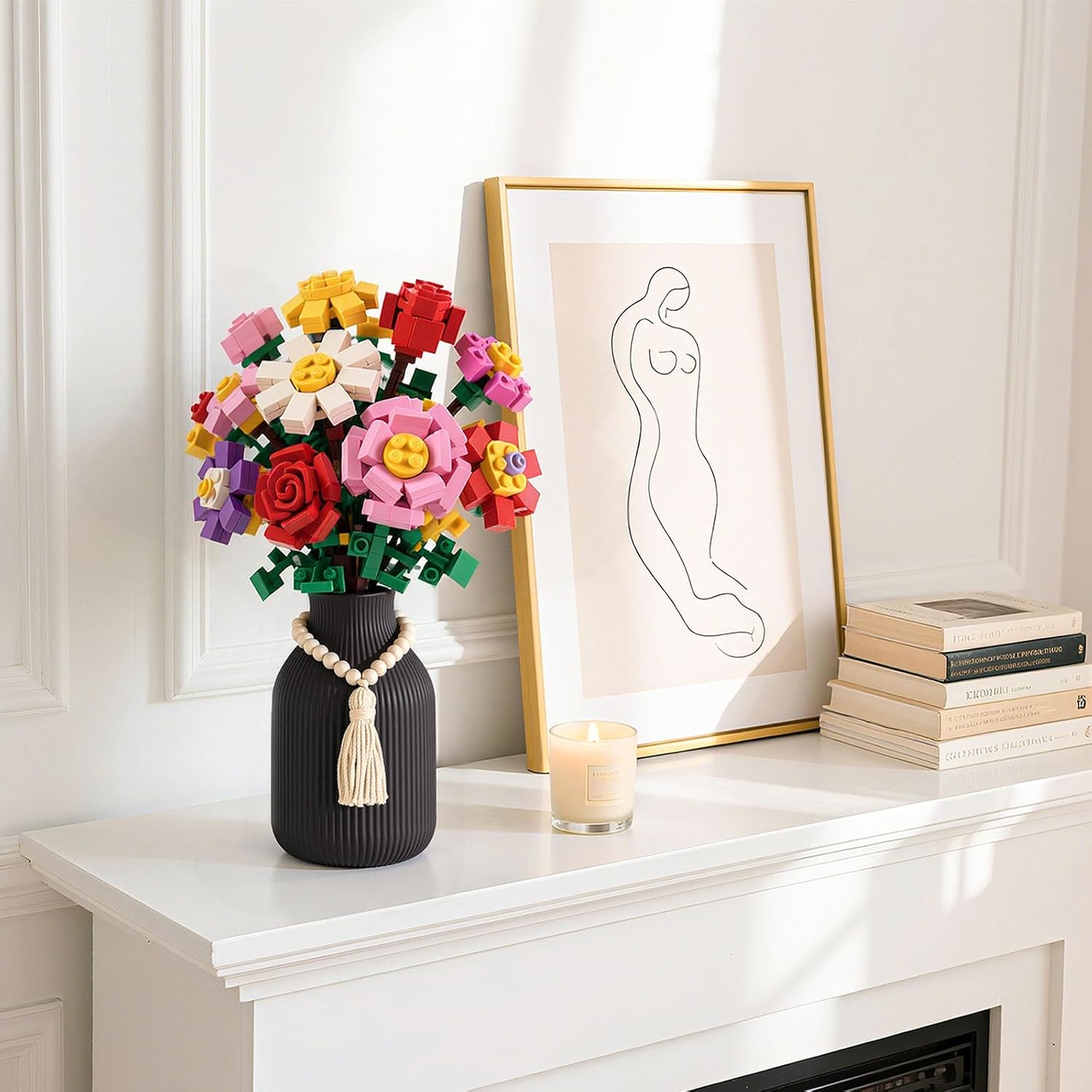 JOHOUSE Black Ceramic Vase, 7.9 Inch Tall Boho Ribbed Vase with Wooden Beads Tassel for Pampas Grass, Wedding Centerpiece, Coffee Table, Bedroom & Apartment, Neutral Farmhouse Decor