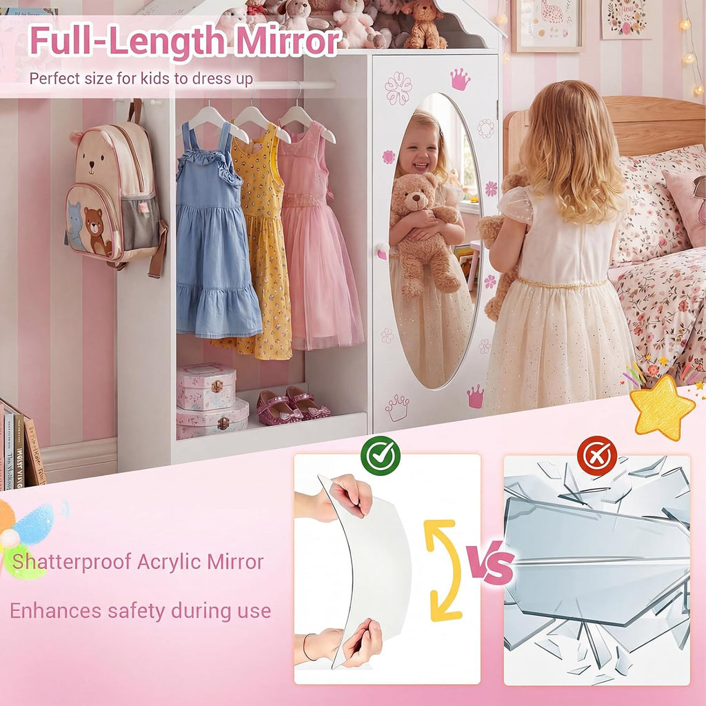 Costzon Kids Dress Up Storage with Mirror, Roofed Wardrobe Closet with Open Hanging Rack, Shelves & Hooks for Children, Kids Armoire & Costume Organizer for Bedroom (White)