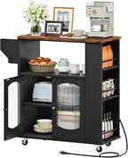 HOOBRO Kitchen Island with Power Outlet, Rolling Kitchen Island with Glass Doors and Open Storage Shelf, Island Table with Spice Rack, Towel Rack for Kitchen, Rustic Brown and Black BF53UZD01
