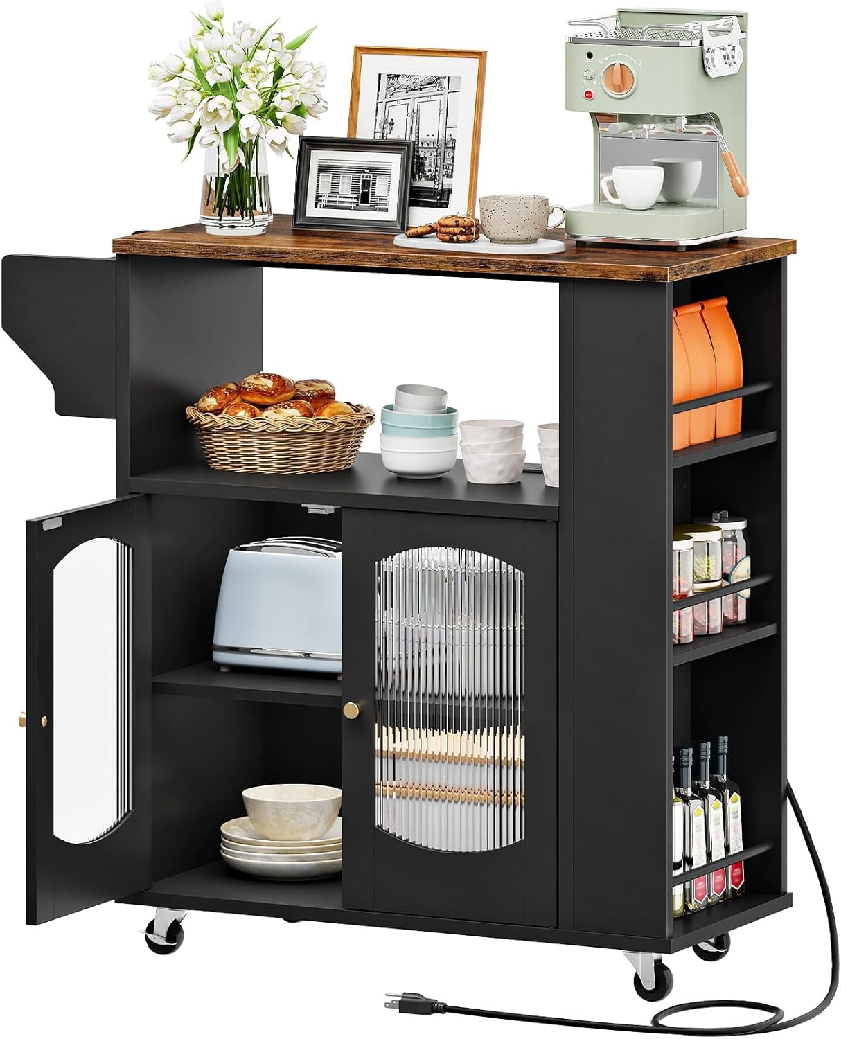 HOOBRO Kitchen Island with Power Outlet, Rolling Kitchen Island with Glass Doors and Open Storage Shelf, Island Table with Spice Rack, Towel Rack for Kitchen, Rustic Brown and Black BF53UZD01