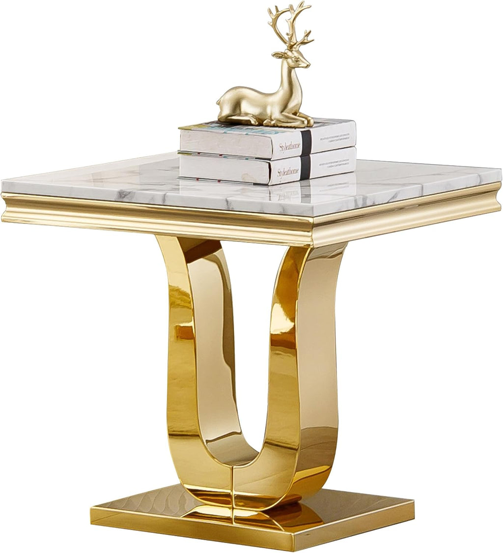 1 Piece Living Room End Table Luxury Faux Marble Sofa Side Table, Modern White Gold End Table with U-Shape Stainless Steel Pedestal Base