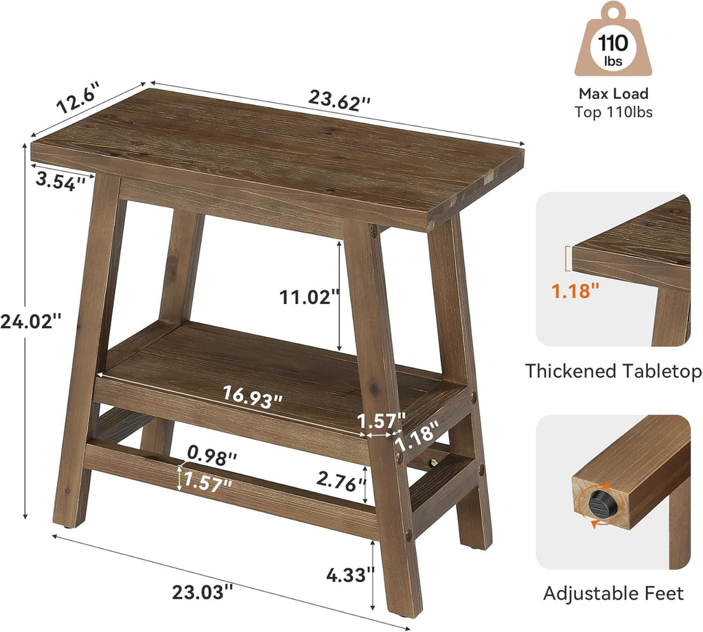 Solid Wood End Table, 2-Tier Small Side Table with Stable A-Frame, Farmhouse Narrow Nightstand, Rectangular Slim Accent Bedside Furniture for Small Spaces, Living Room, Bedroom