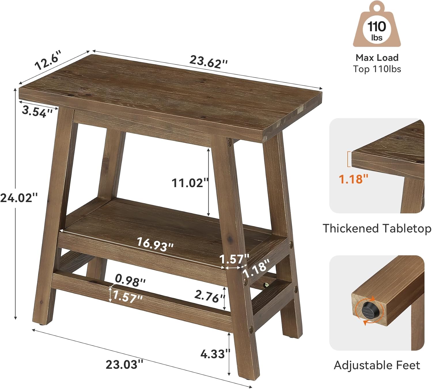 Solid Wood End Table, 2-Tier Small Side Table with Stable A-Frame, Farmhouse Narrow Nightstand, Rectangular Slim Accent Bedside Furniture for Small Spaces, Living Room, Bedroom