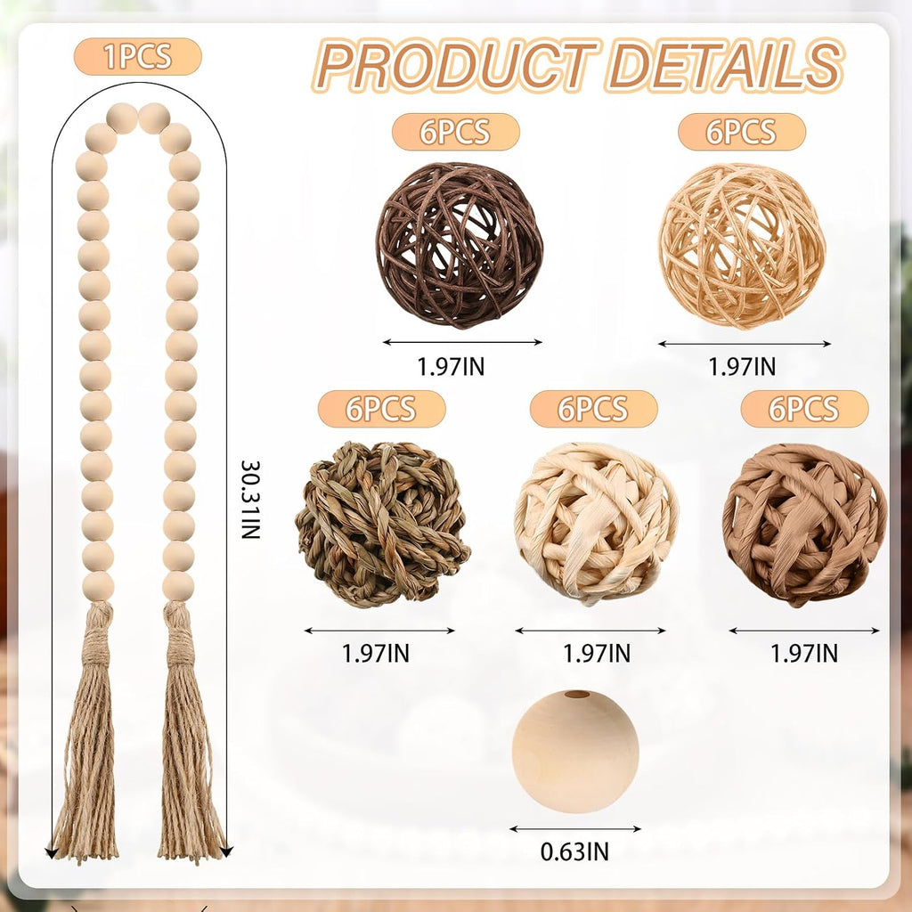 Halloscume 31 Pcs Wicker Rattan Decorative Balls with 30.3 Inch Wood Bead Garland Centerpiece Bowls Orbs Vase Fillers Wall Hanging Decor for Summer Home Farmhouse Wedding Party(Brown)