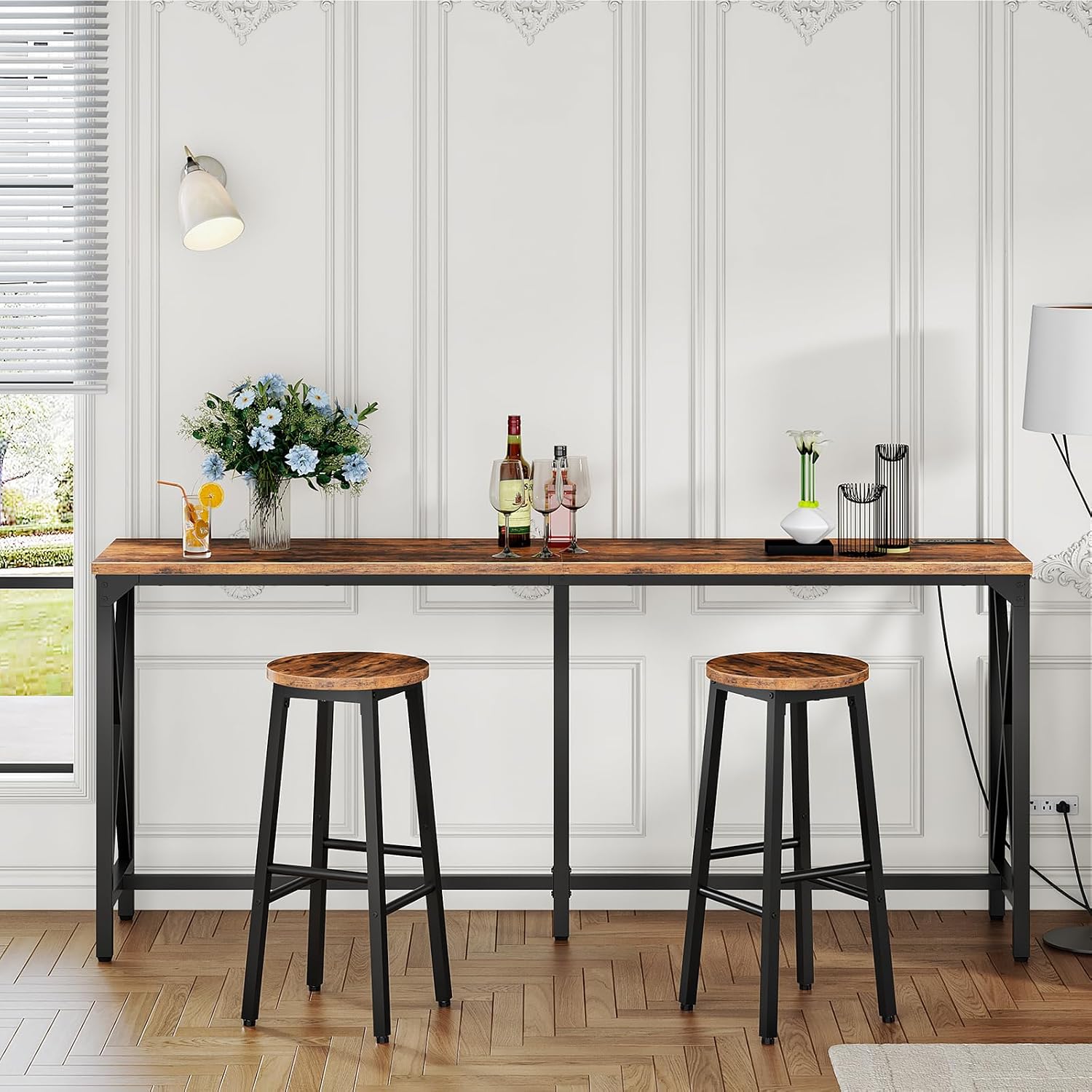 CHOEZON 70.9'' Bar Table, Kitchen Dining Table with Power Outlet and Footrest, Industrial Style, for Pub, Living Room, Rustic Brown and Black TBT08UBF
