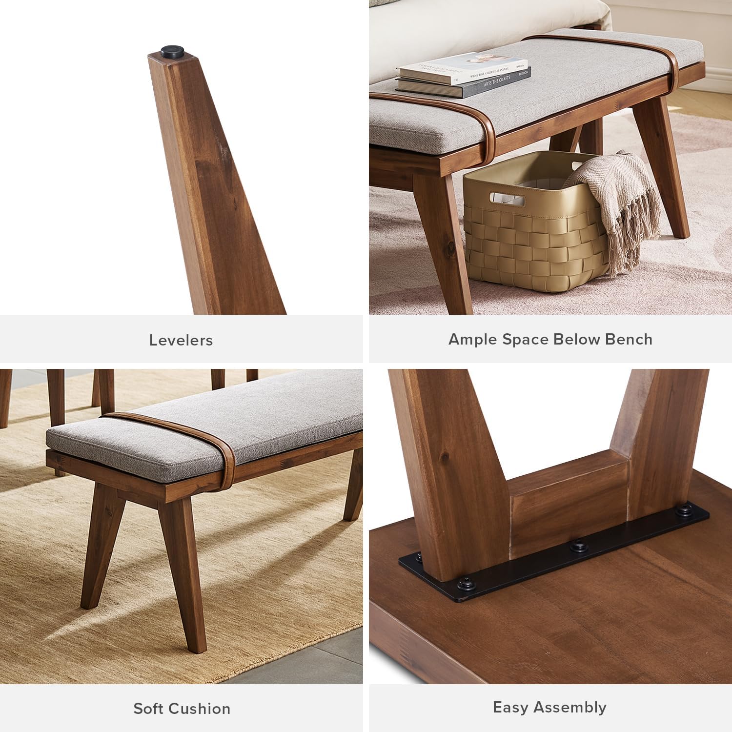 mopio Ted Mid-Century Modern End of Bed Wood Bench, Entryway Shoe Bench with Removable Fabric Cushion for Bedroom, Indoor Dining Room, Hallway, Supported with Acacia Solid Wood Legs Extra Sturdy