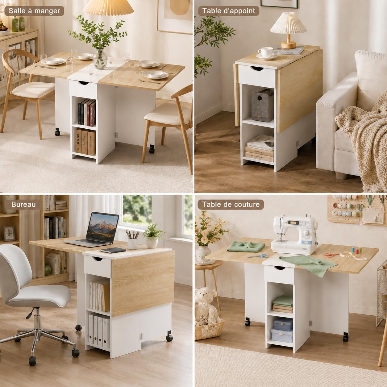 Folding Dining Table, Drop Leaf Table for Small Space with Drawer and Open Storage Shelves, Modern Rectangular Kitchen Dining Table, 47.2" L x 28.3" W (Oak & White)