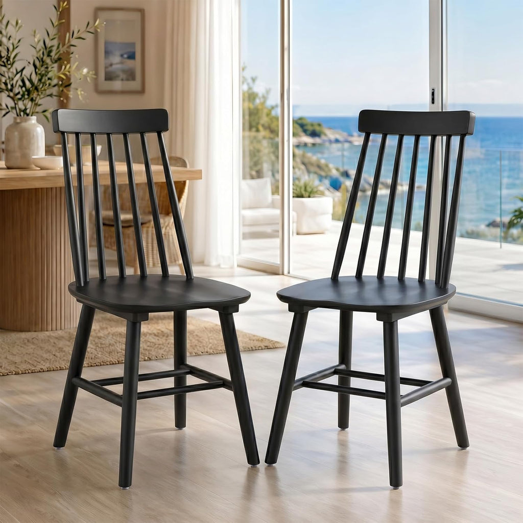 Black Dining Chair Set of 6, Windsor Wooden Dining Chairs Set of 6, Spindle Back Dining Chairs, Wood Dining Room Chair Spindle Side Country Farmhouse Chairs for Kitchen and Dining Room, Black