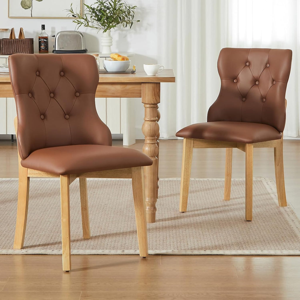 Faux Leather Dining Chairs Set of 2, Upholstered Dining Room Chair with Button Tufted, Solid Wood Legs, Mid Century Modern, Luxury Wingback Side Chair for Living Room, Kitchen, Restaurant, Brown