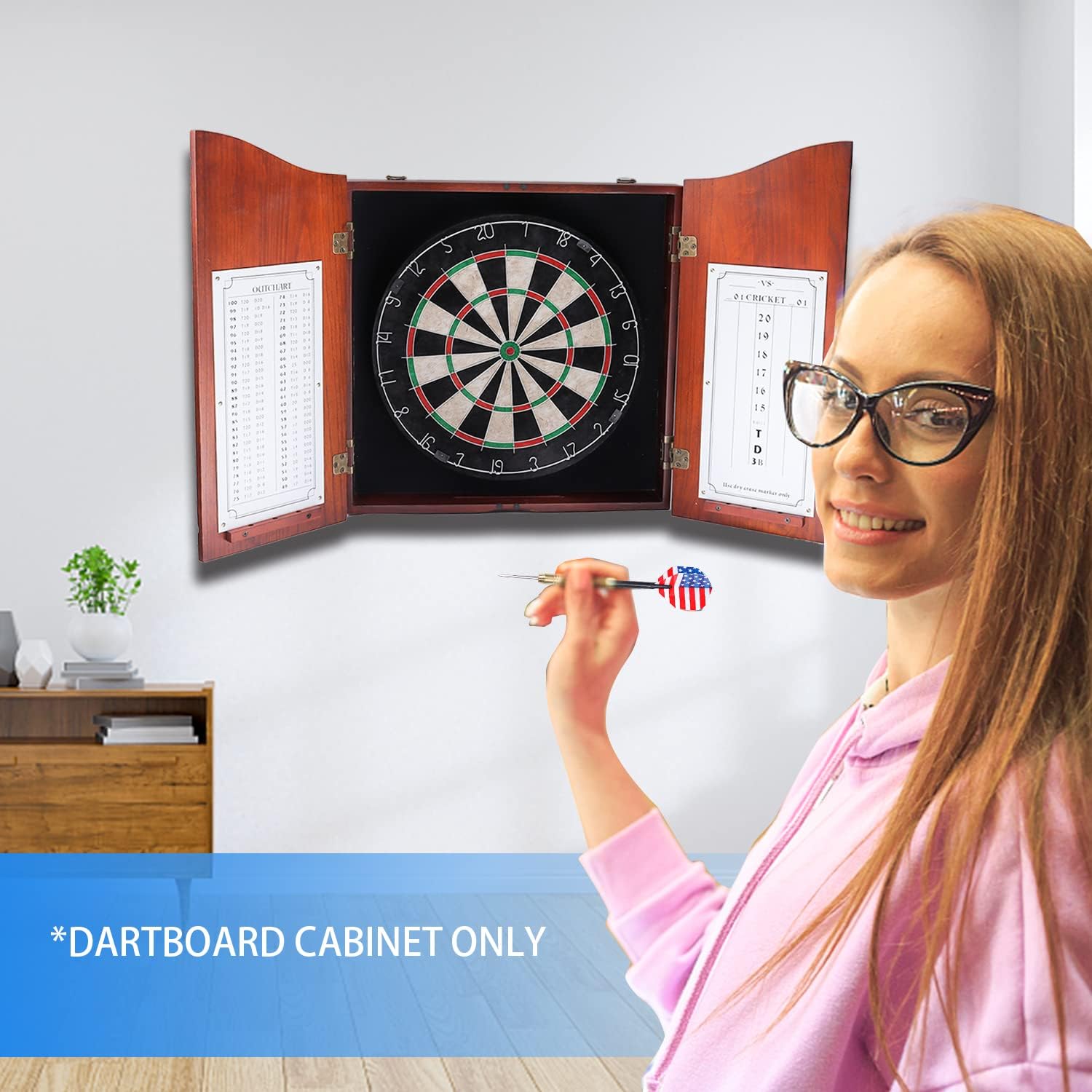 GSE Pro Dartboard Cabinet with Scoreboard, Walnut Solid Wood, Official Size | Dartboard & Darts Not Included, Furniture-grade Paint Finish, for Game Rooms/Man Caves/Bar, 3.5"D x 22"W x 25"H
