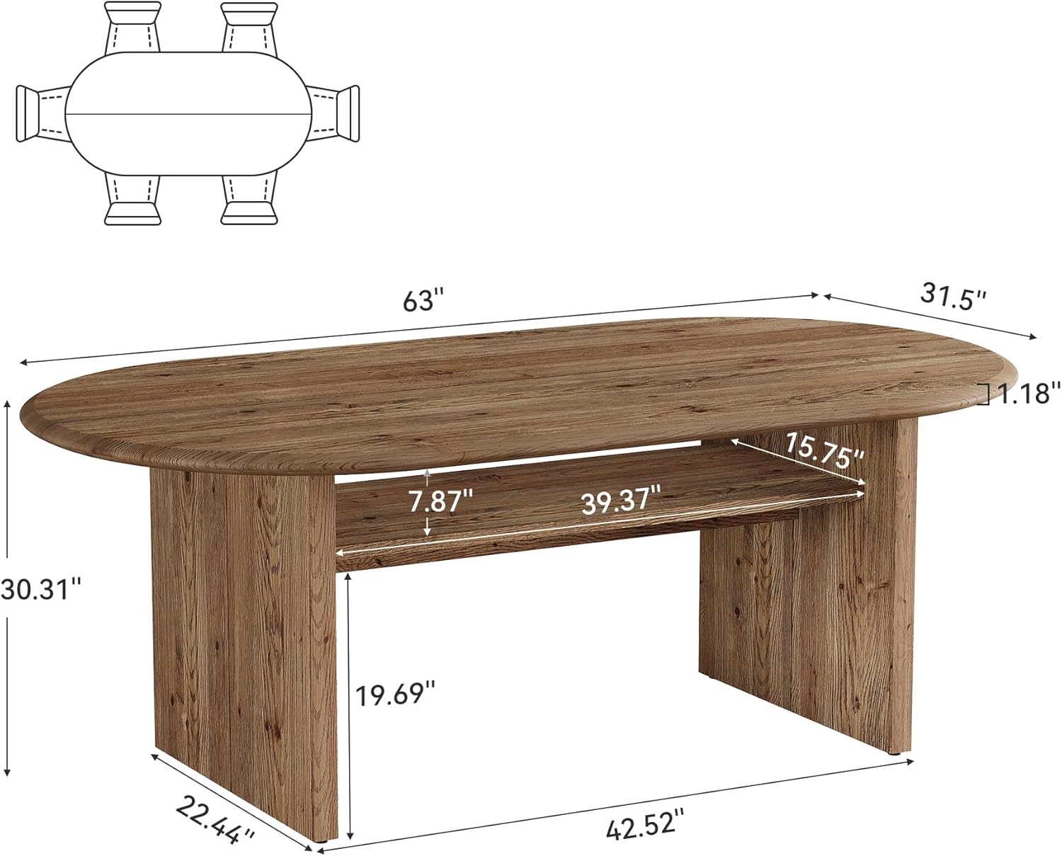 63" Oval Dining Table for 6, Farmhouse Solid Wood Kitchen Table with Storage for Dining Room, Living Room, Natural Wood