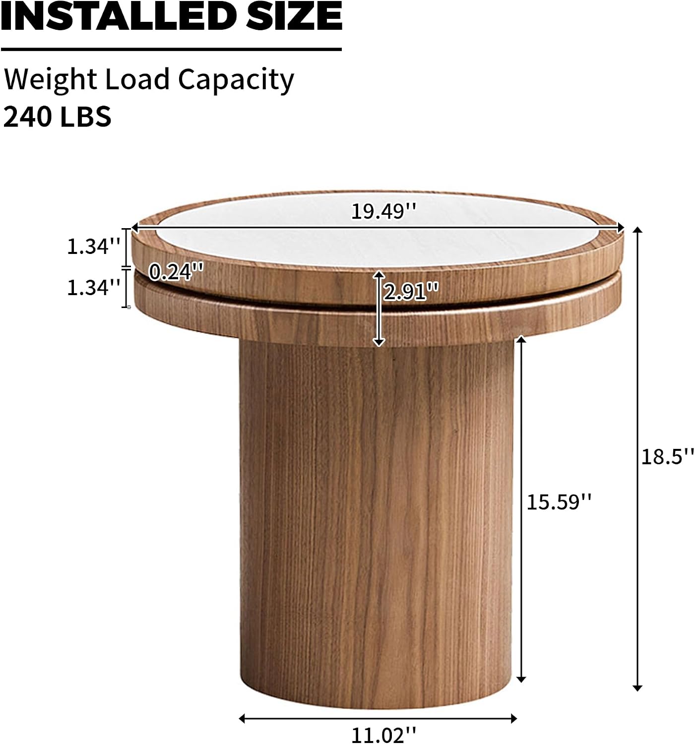 LKTART 19.49 Inch Round End Table with Sintered Stone Top, Mid-Century Modern Wood Table with MDF Pedestal, Small End Tables for Living Room Bedroom Apartment, Easy Assembly, Natural