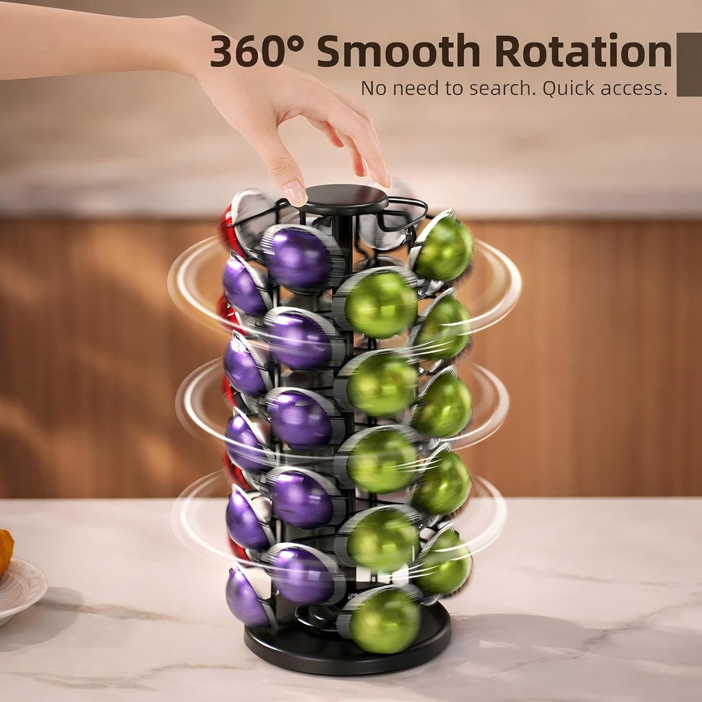 BLACKSMITH FAMILY Coffee Pods Holder Organizer, 360 Degrees Revolving Pod Carousel Compatible for 40 Nespresso Vertuo Pods No Assembly Required Nespresso Pods Holder Tower Stand,Black (Piano Black, 40 pods capability)