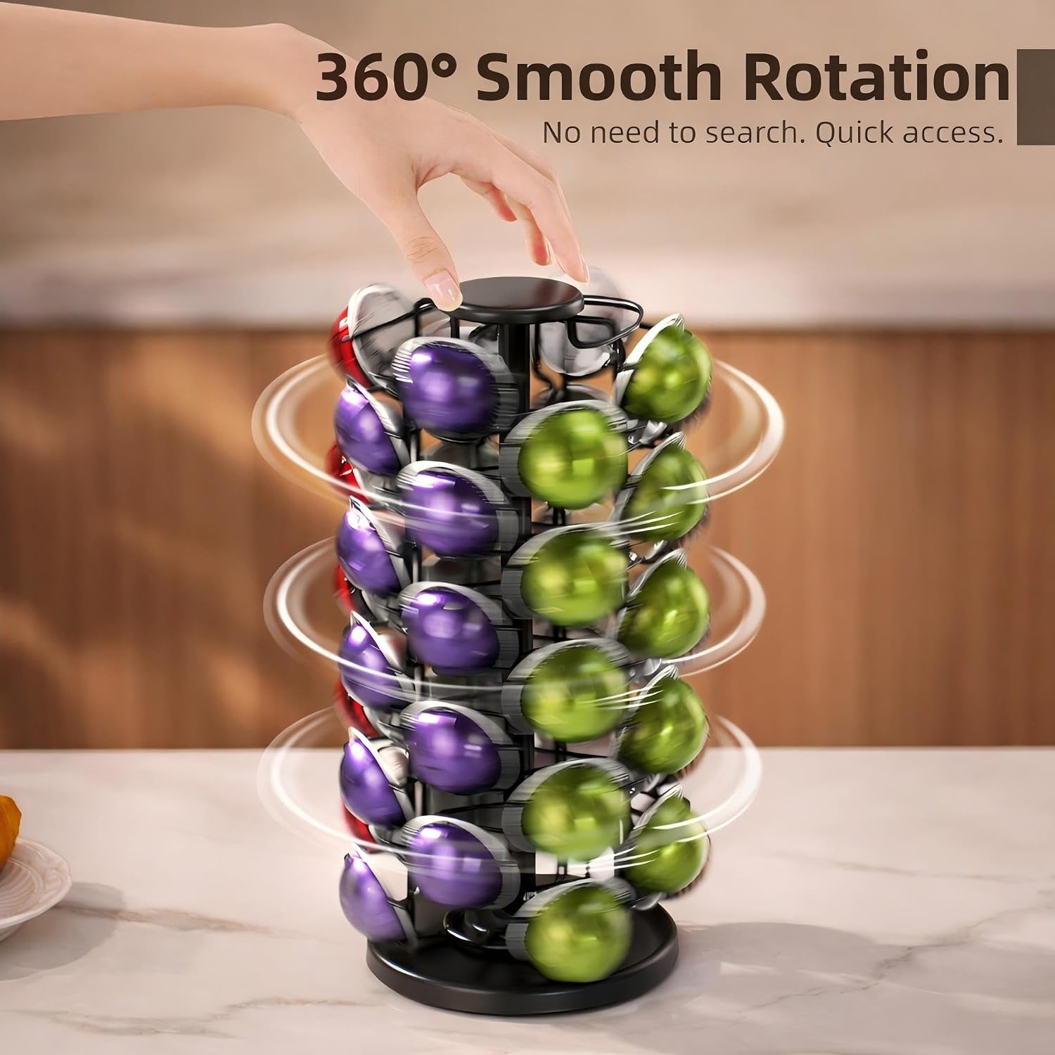 BLACKSMITH FAMILY Coffee Pods Holder Organizer, 360 Degrees Revolving Pod Carousel Compatible for 40 Nespresso Vertuo Pods No Assembly Required Nespresso Pods Holder Tower Stand,Black (Piano Black, 40 pods capability)