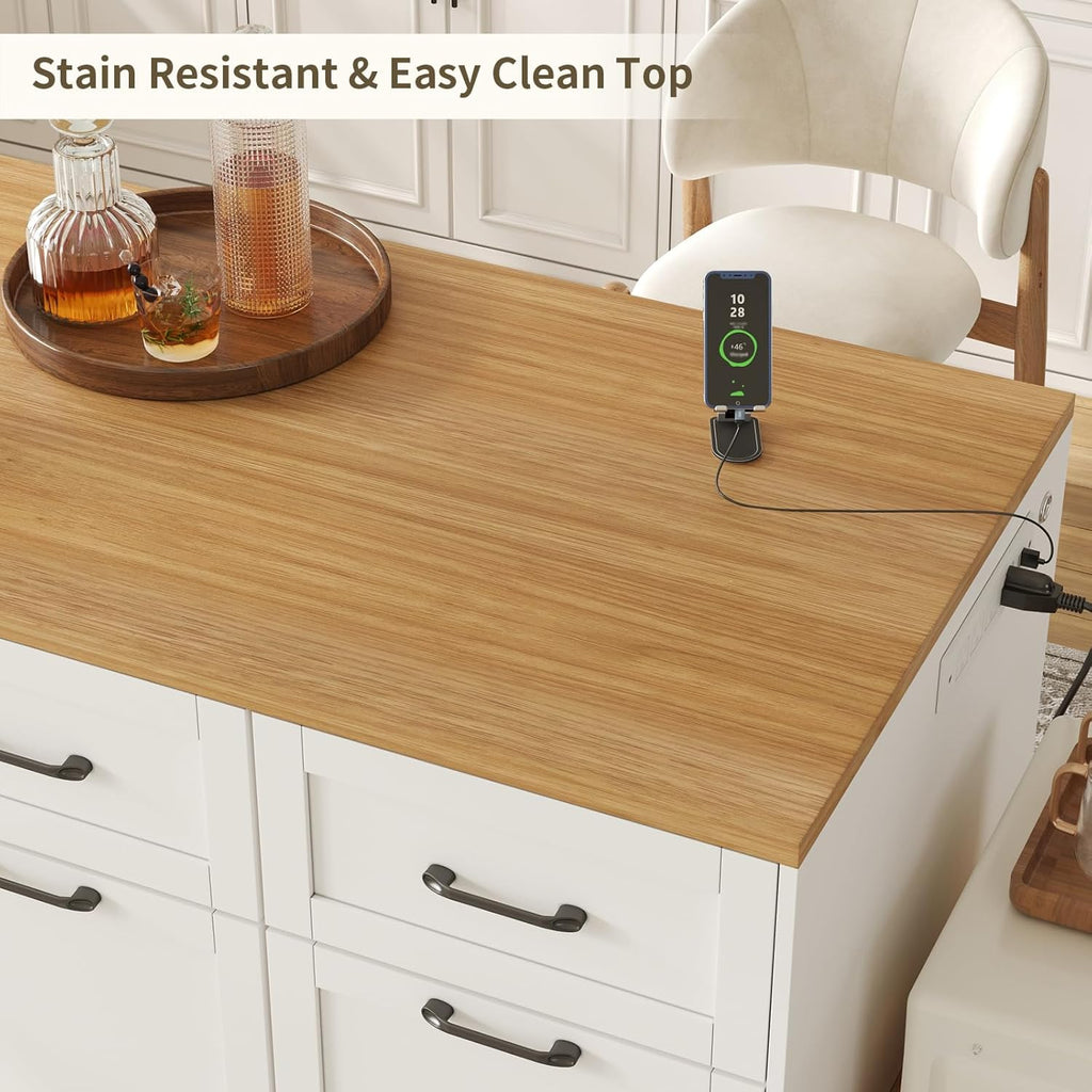 70.8" Farmhouse Kitchen Island with Charging Station, 3 Drawers & Cabinets, Large Small Combo Buffet Table with Adjustable Shelves, Butcher Block Countertop, Kitchen Dining Room, White