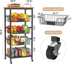 Hastatii Kitchen Storage Cart, Kitchen Basket, 5-Tier Utility Organizer with Baskets and Wood Top, Rolling Snack Cart with Wheels, Metal Black
