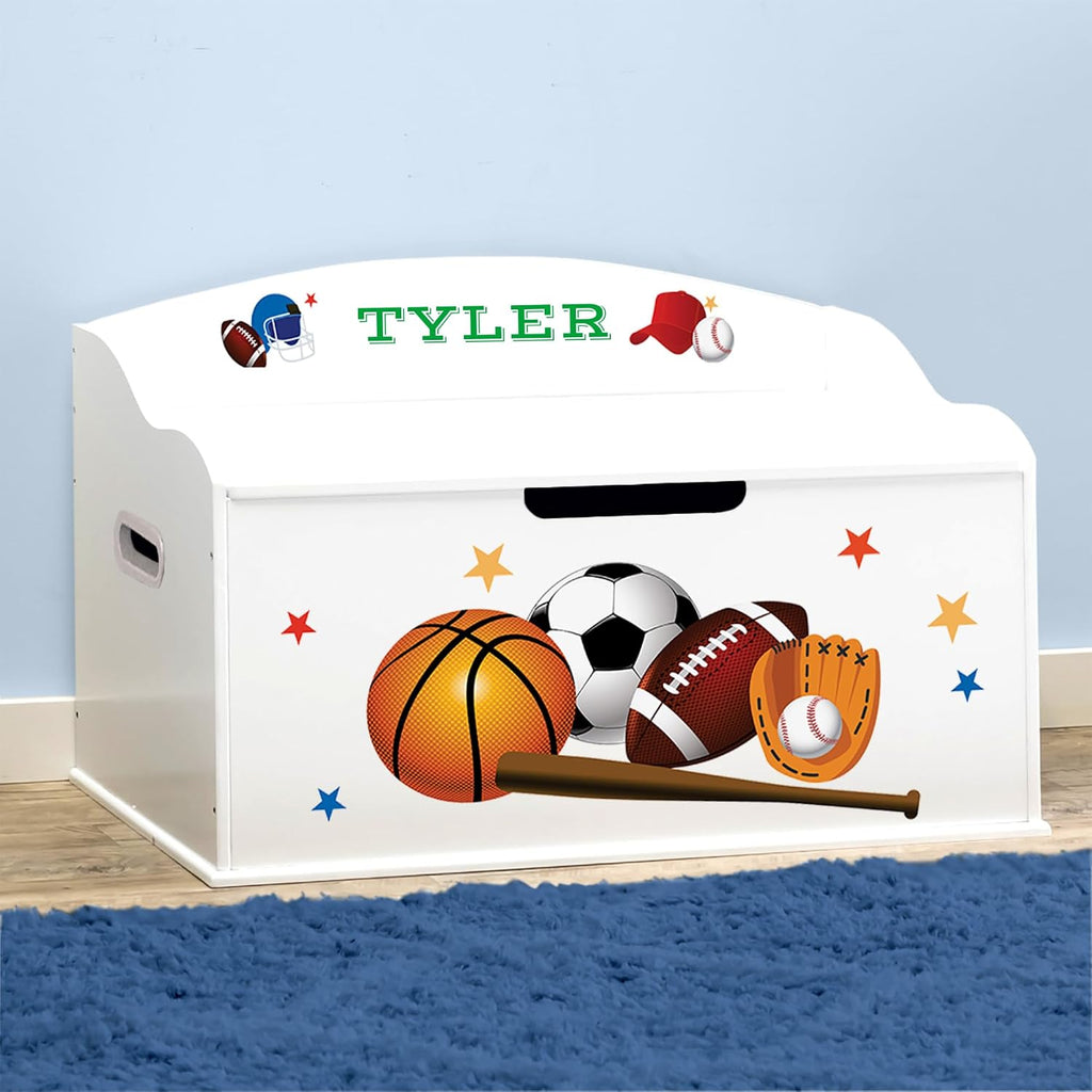 DIBSIES Personalized Creative Wonders Toy Box, Sports, 30 x 19.25 x 18 inches, Soft-Close Lid (White)