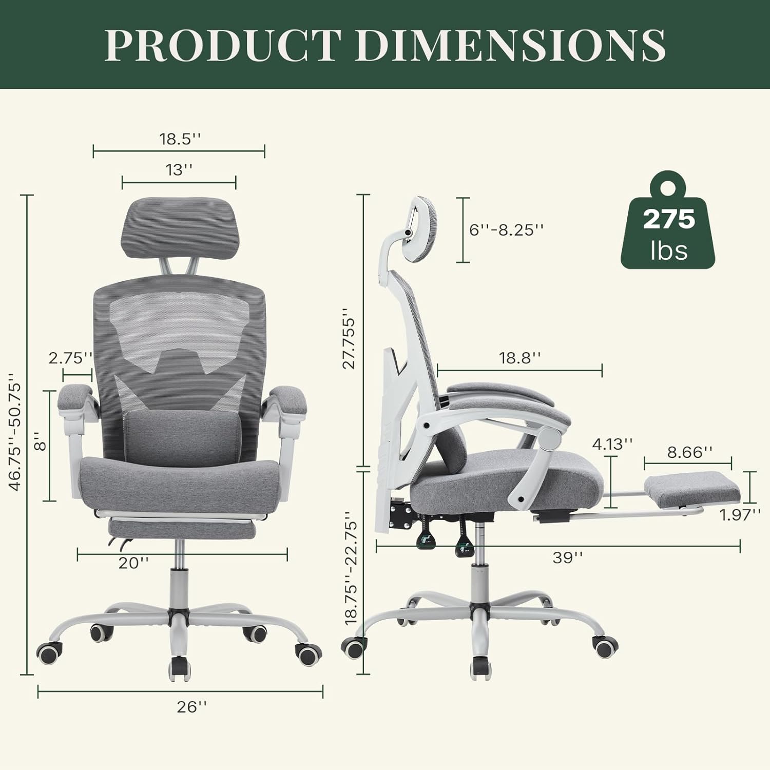 Ergonomic Office Chair with Footrest, High Back Home Desk Chair with Lumbar Support & Headrest, 90-135° Reclining Mesh Back Computer Chair with Wheels for Work, Gaming, Grey