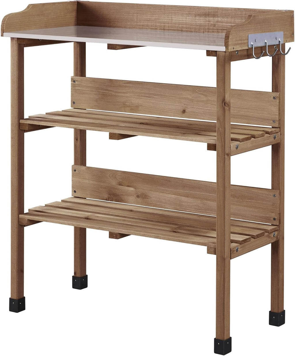 Topeakmart Potting Bench Table w/Metal Tabletop for Garden, Fir Wood Workstation w/3 Tier Shelves, Outdoor Work Bench w/Hook Brown