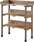 Topeakmart Potting Bench Table w/Metal Tabletop for Garden, Fir Wood Workstation w/3 Tier Shelves, Outdoor Work Bench w/Hook Brown