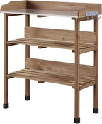 Topeakmart Potting Bench Table w/Metal Tabletop for Garden, Fir Wood Workstation w/3 Tier Shelves, Outdoor Work Bench w/Hook Brown