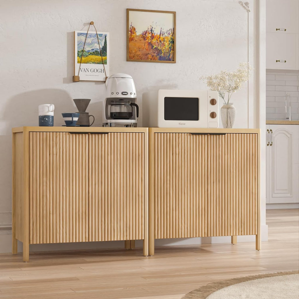 HOMMPA 31.5'' Sideboard Buffet Cabinet with Storage Fluted Sideboard Buffet with Adjustable Shelves Coffee Bar Console Table Cabinet for Hallway Entryway Living Room or Kitchen Natural