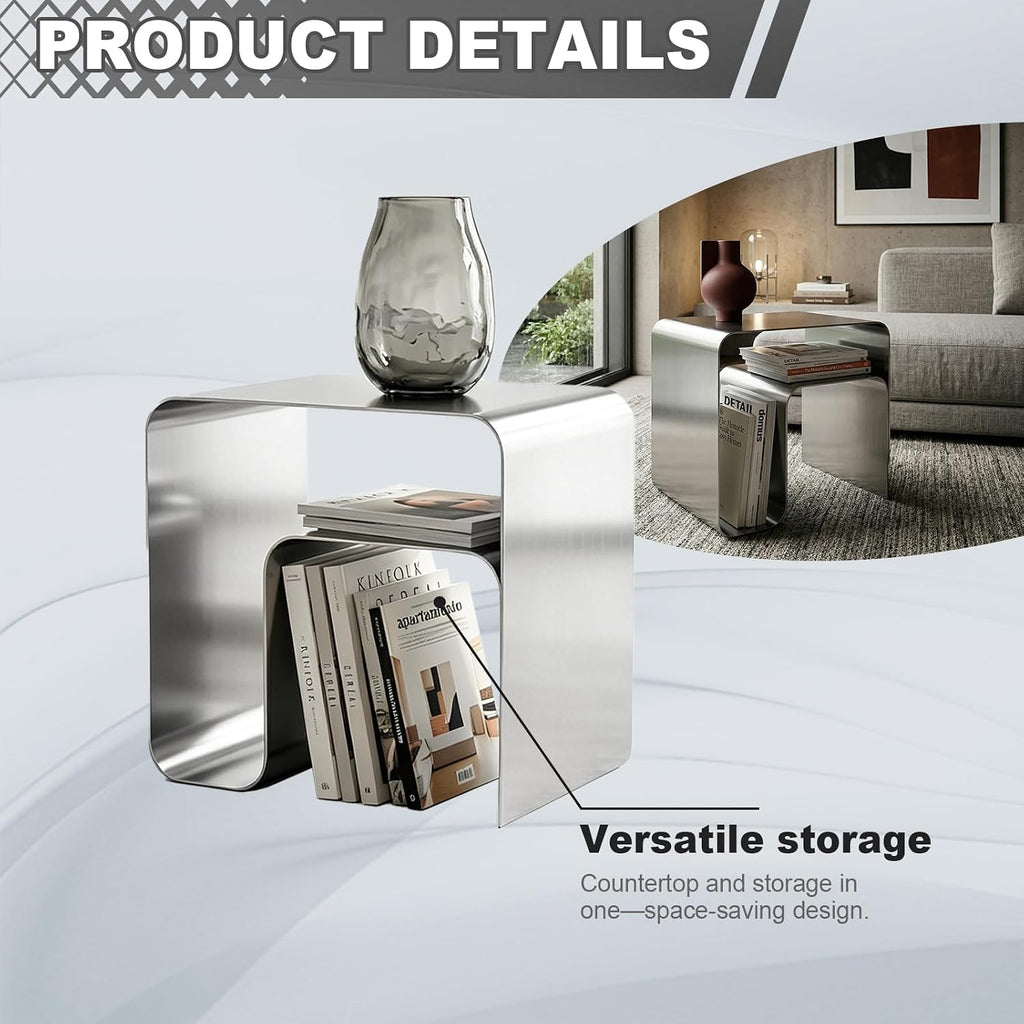 Minimalist Stainless Steel End Table, Modern Steel Frame Side Table and Sofa Table, Small Nightstand for Living Room Bedroom Office (17.7"x13.8"x17.7")