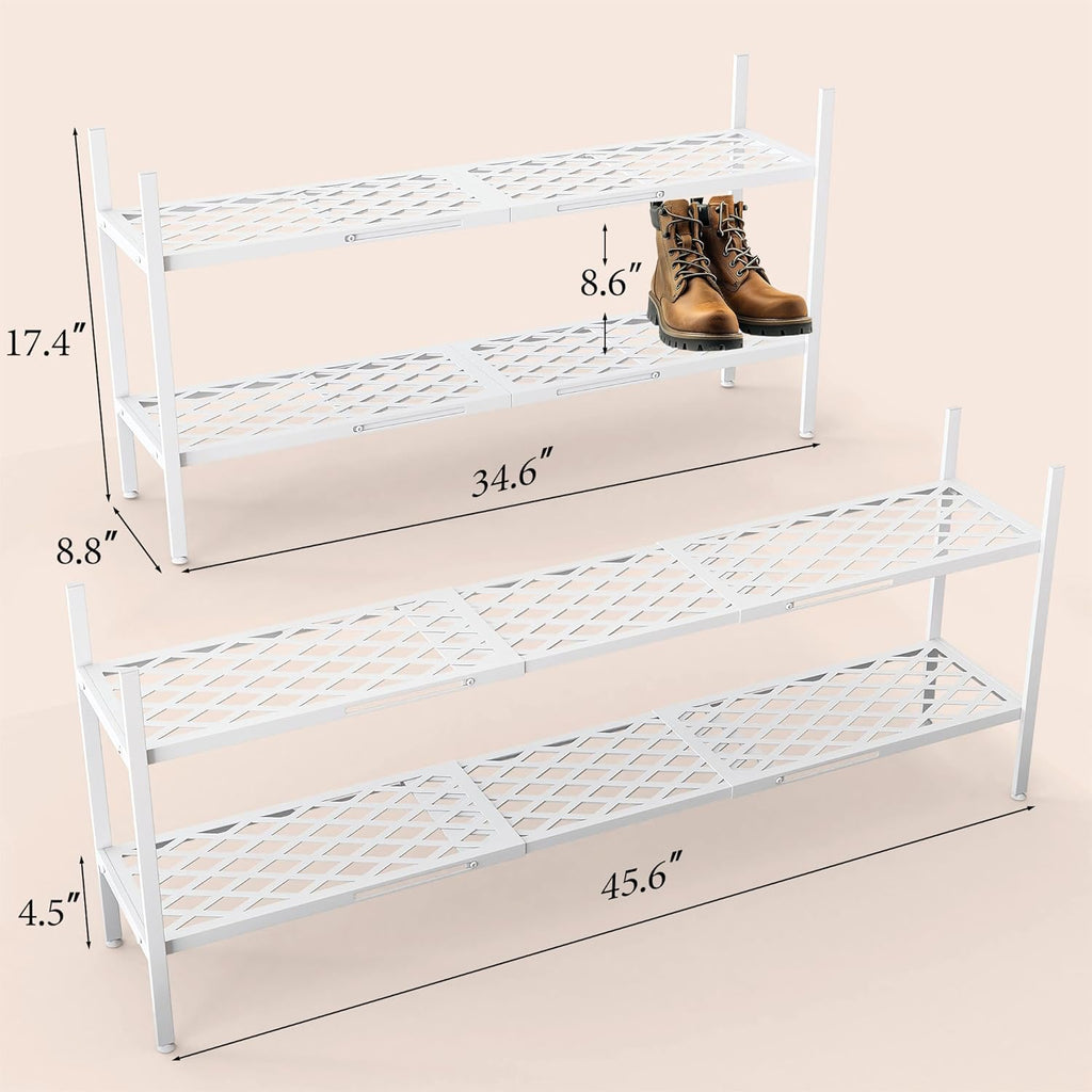 Shoe Rack, Expandable Shoes Organizer Metal Shelf Stand, 2 Tier Stackable Long Shoe Storage Holder For Closet, Floor, Entryway, Garage, Bedroom, Door Entrance For 12-18 Pairs, 45.6 inches White