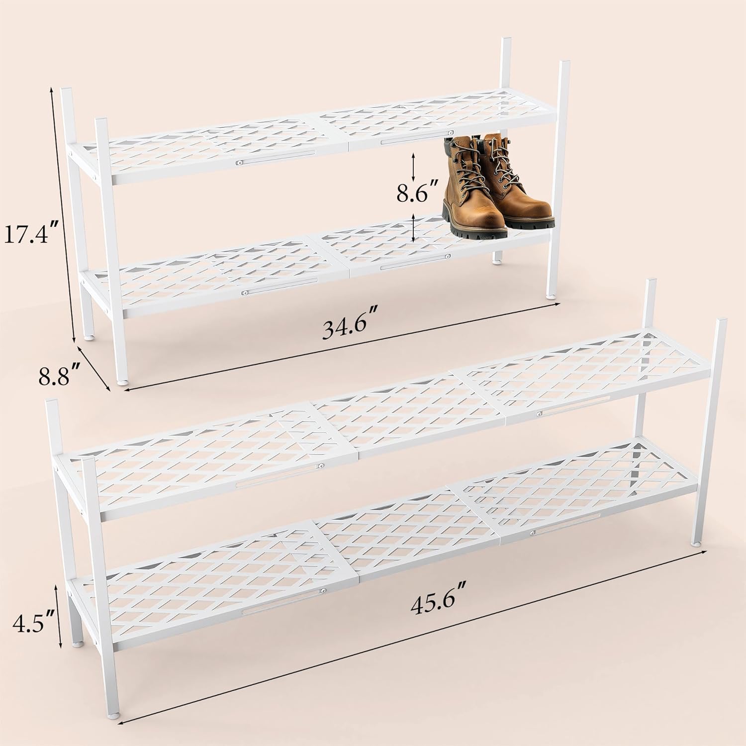 Shoe Rack, Expandable Shoes Organizer Metal Shelf Stand, 2 Tier Stackable Long Shoe Storage Holder For Closet, Floor, Entryway, Garage, Bedroom, Door Entrance For 12-18 Pairs, 45.6 inches White