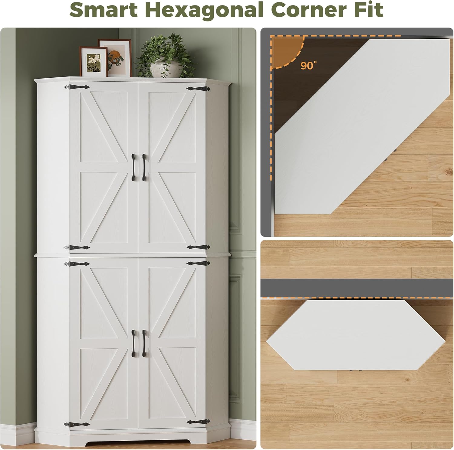 IRONCK Corner Cabinet, 72" Kitchen Pantry Cabinet, 6-Tier Freestanding Farmhouse Pantry with 2 Adjustable Shelves, 240°Swivel Doors, 2 Doors Storage, Spacious Hutch for Kitchen, Living Room, White