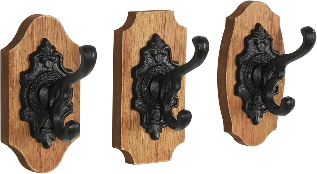 Deco 79 Wooden Fleur De Lis Vintage Inspired Wall Hook with Black Metal Hooks and Curved Edges, Set of 3 4" W, 6" H, Brown