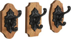 Deco 79 Wooden Fleur De Lis Vintage Inspired Wall Hook with Black Metal Hooks and Curved Edges, Set of 3 4" W, 6" H, Brown