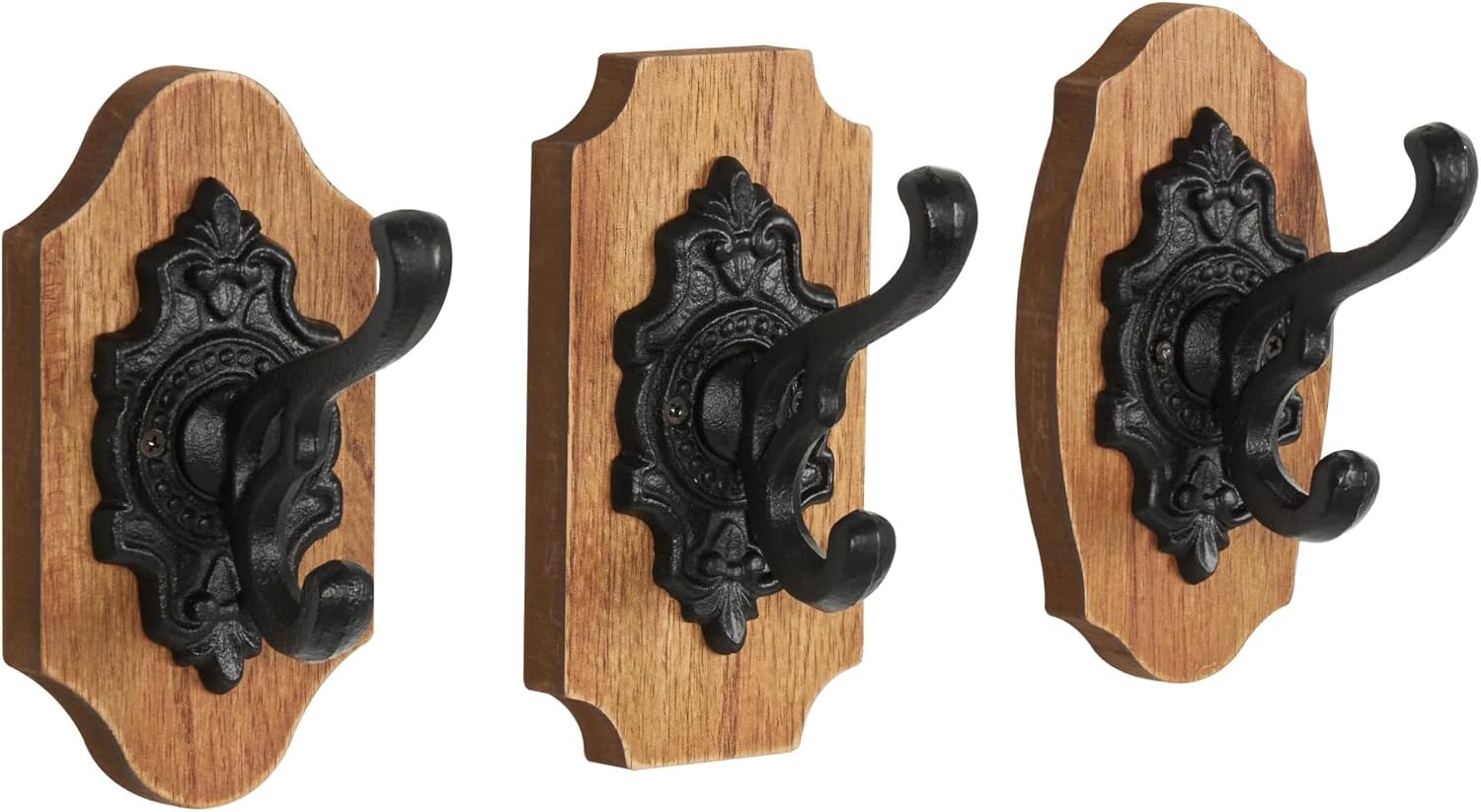 Deco 79 Wooden Fleur De Lis Vintage Inspired Wall Hook with Black Metal Hooks and Curved Edges, Set of 3 4" W, 6" H, Brown