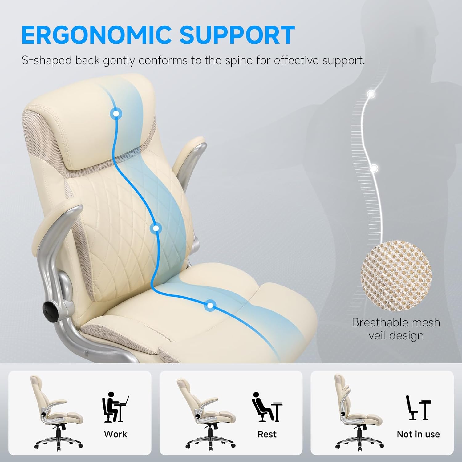 COMHOMA Big and Tall High Back Office Chair 400LBS Wide Leather Executive Chair Height Adjustable Lumbar Support & Armrests, Comfy Desk Gaming Chairs Computer Swivel Chair, Beige