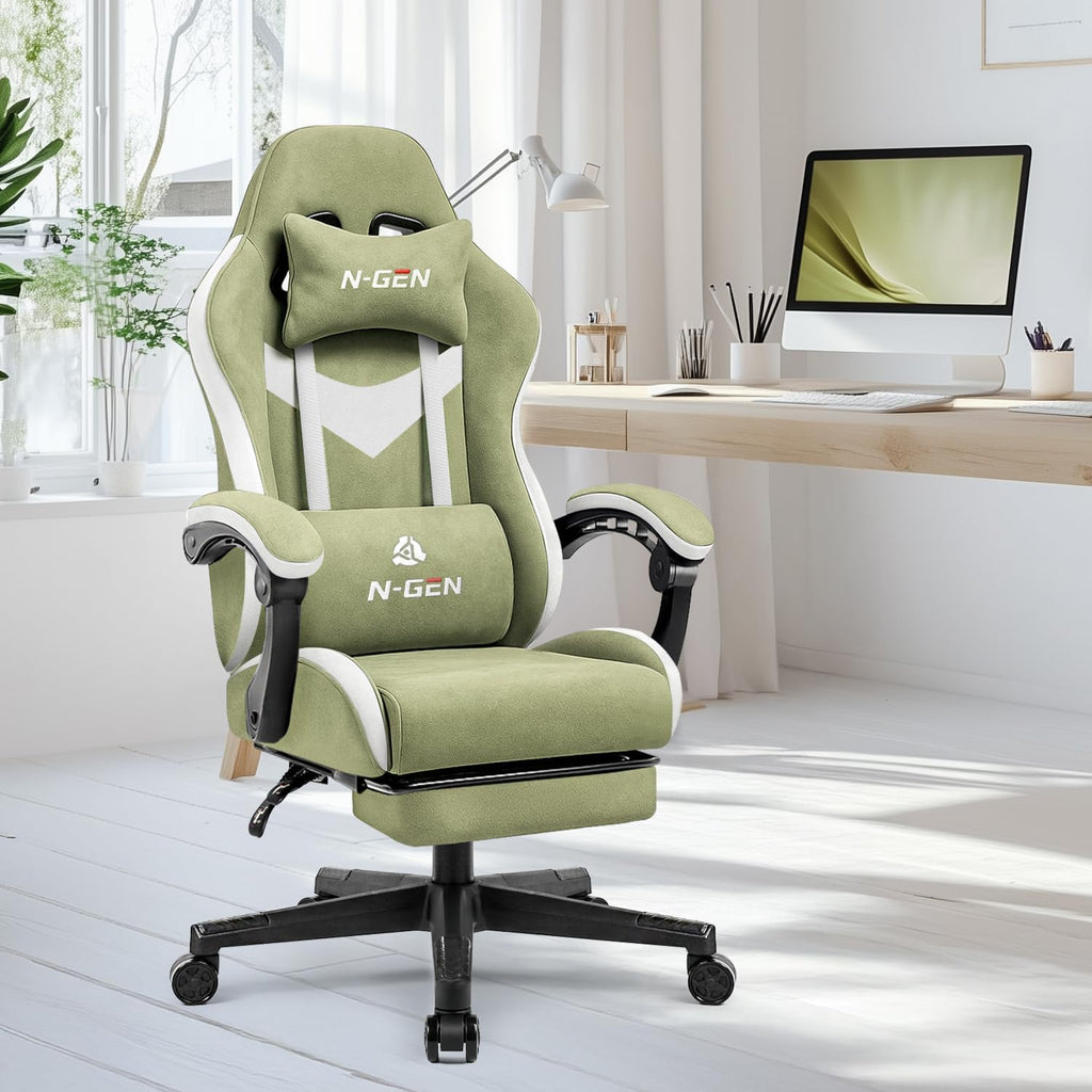 N-GEN GAMING Gaming Chair Video Game Computer Office Desk Use Ergonomic Reclining Backrest Adjustable Armrests Lumbar Support Footrest High Density Foam Breathable Fabric Heavy Duty Base (Green)