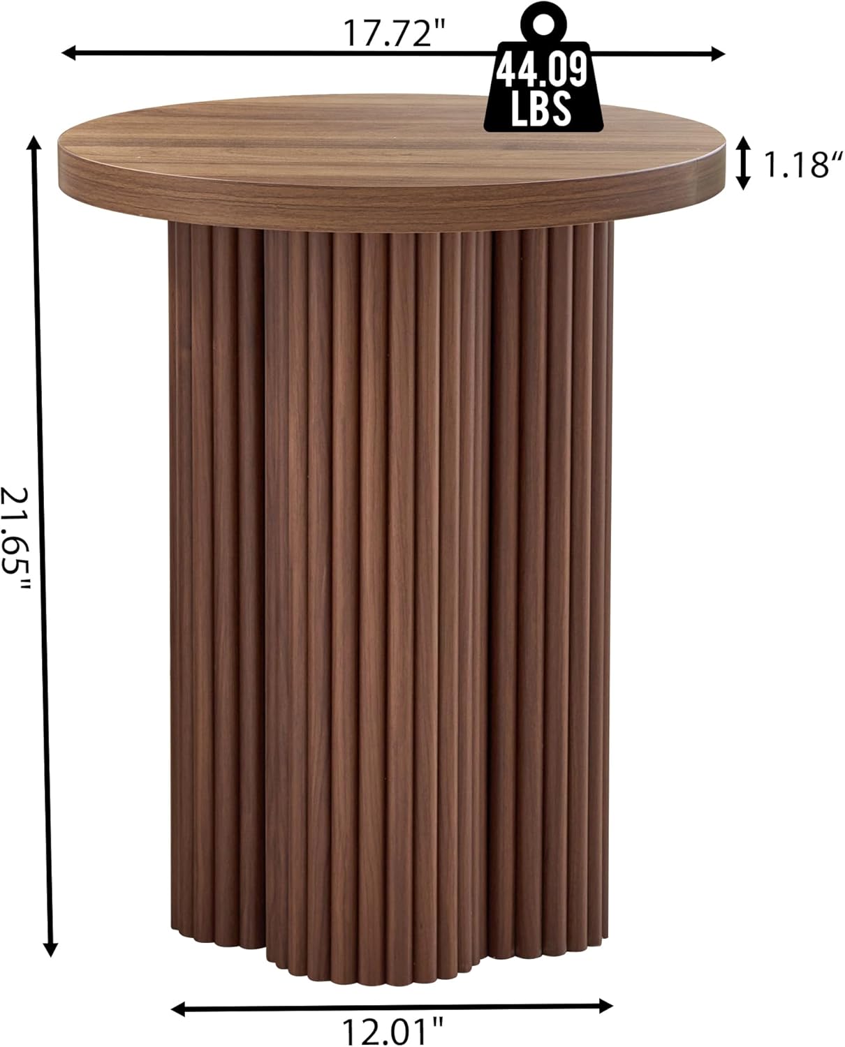 Round Fluted End Table, 17.7'' Mid Century Modern Side Table, Circle Bedside Tables Drink Table Wood Nightstand for Small Spaces, Living Room (Walnut-1PCS)
