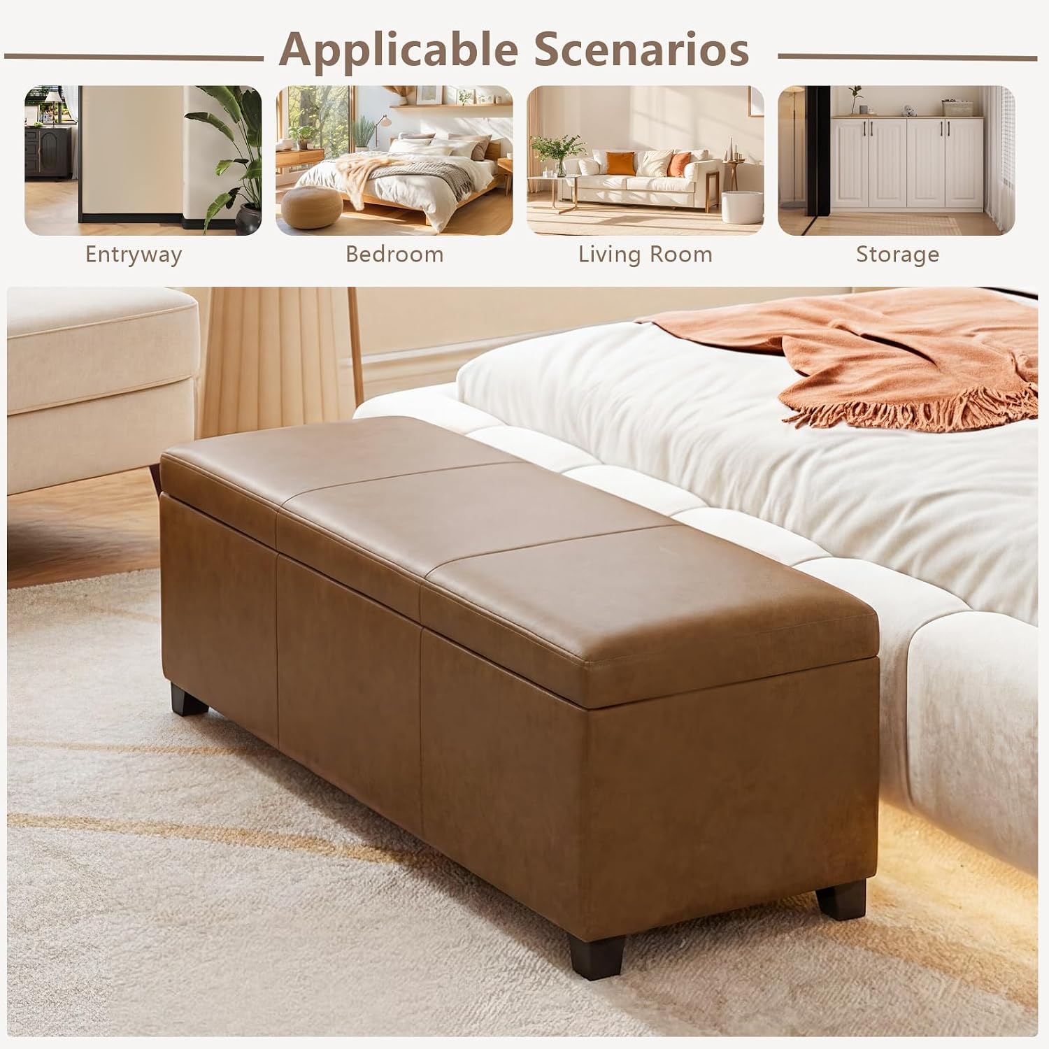 Joveco 47 Inch Storage Ottoman Bench,Tufted Leather Storage Bench with Nailhead Trim for Bedroom (47”,Ochre Yellow)