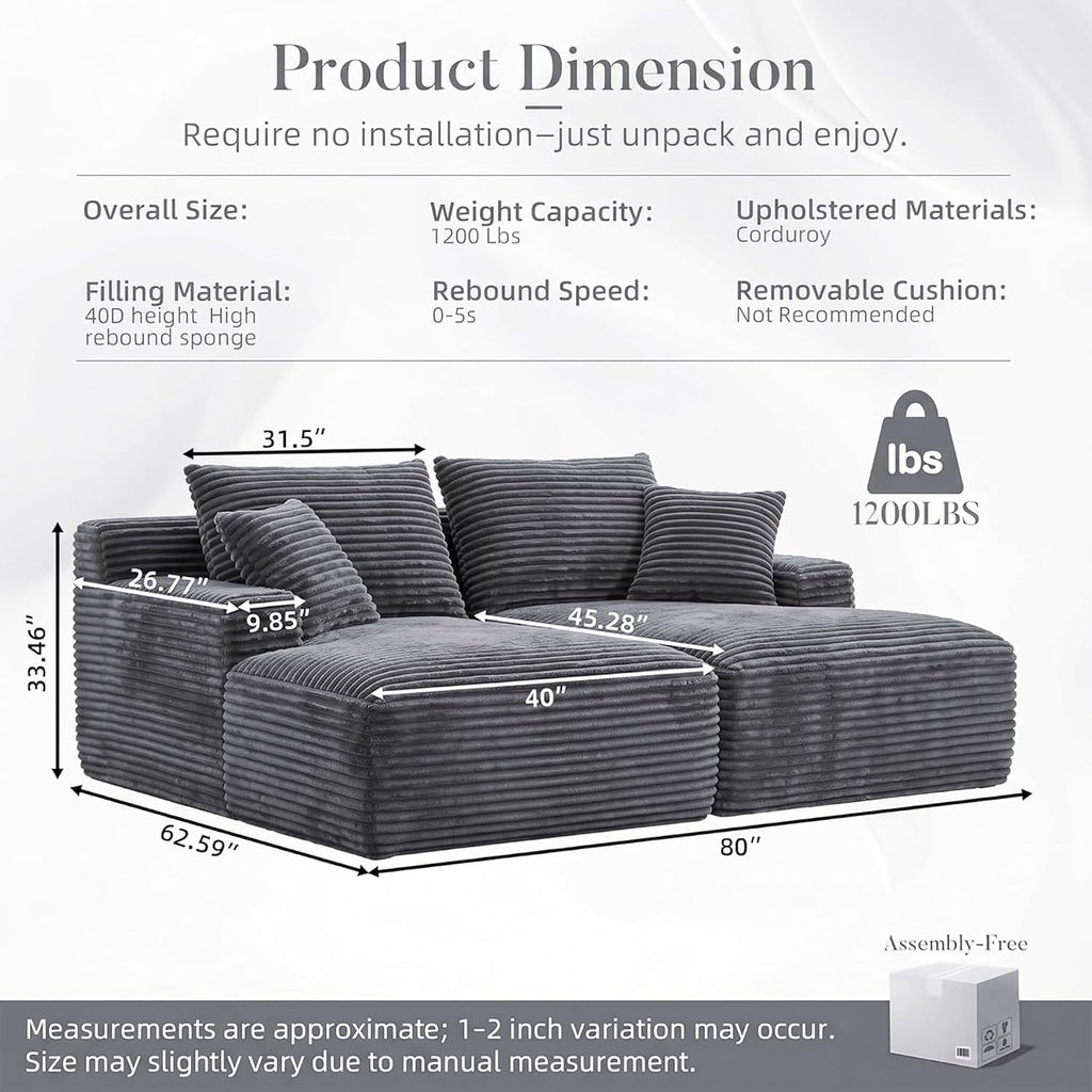 80" Boneless Chaise Lounge Chair Indoor, Double Chaise Lounge Chairs Indoor,Boneless Loveseat Chairs with Comfort Corduroy, No Assembly Required/40D Memory Foam/Living Room/Bedroom (Grey)