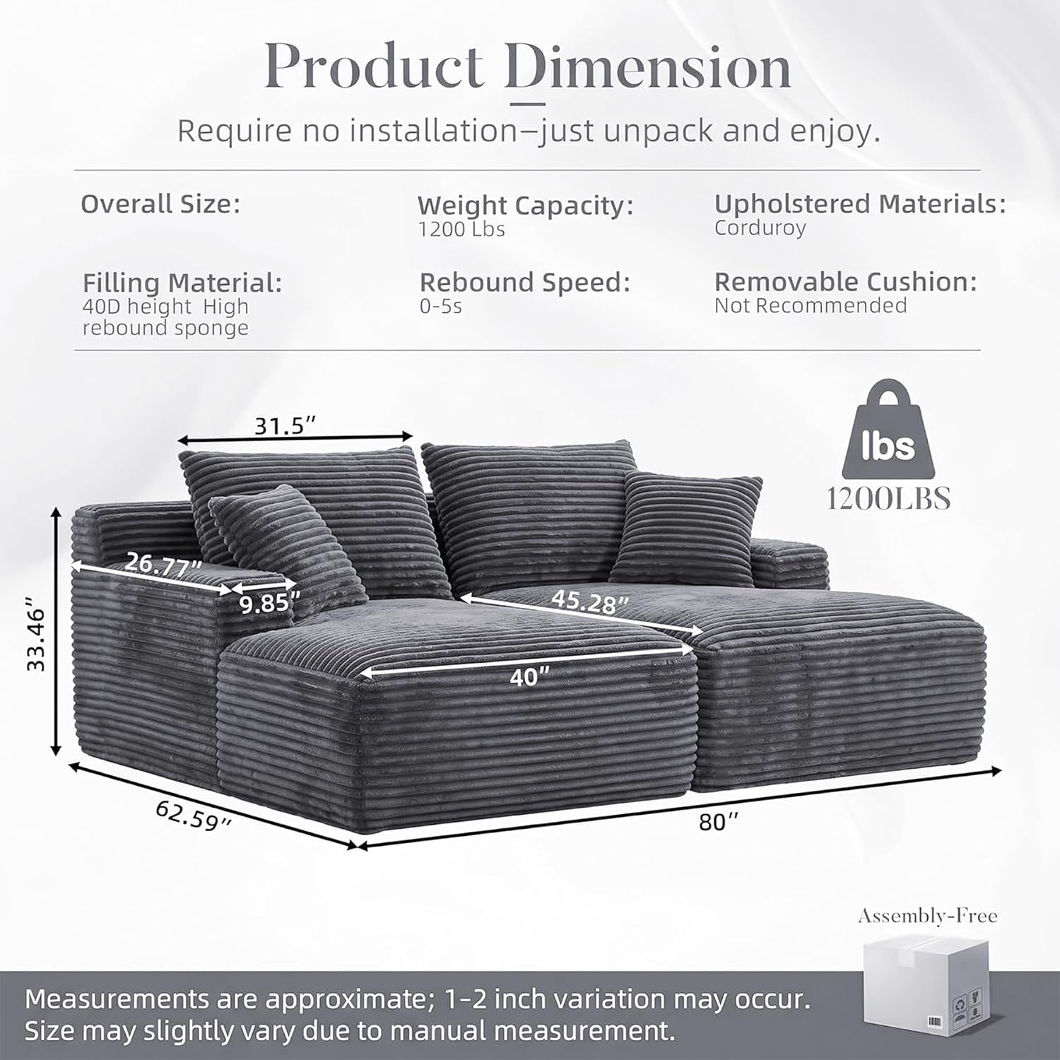 80" Boneless Chaise Lounge Chair Indoor, Double Chaise Lounge Chairs Indoor,Boneless Loveseat Chairs with Comfort Corduroy, No Assembly Required/40D Memory Foam/Living Room/Bedroom (Grey)