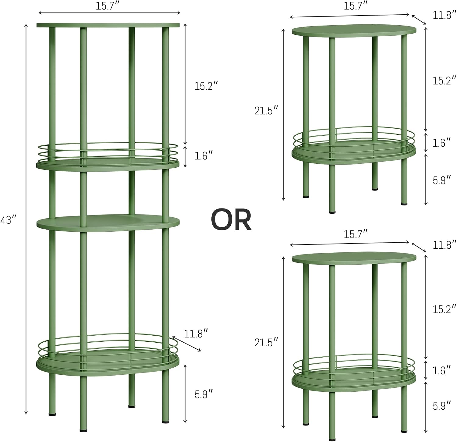 Green Oval Nightstand Set of 2, Small Modern Round Side Table with Storage | Simple 2-Tier End Table with Metal Frame, Sturdy Side Table for Small Space -Living Room,Bedroom, Nursery (2PC,Green)