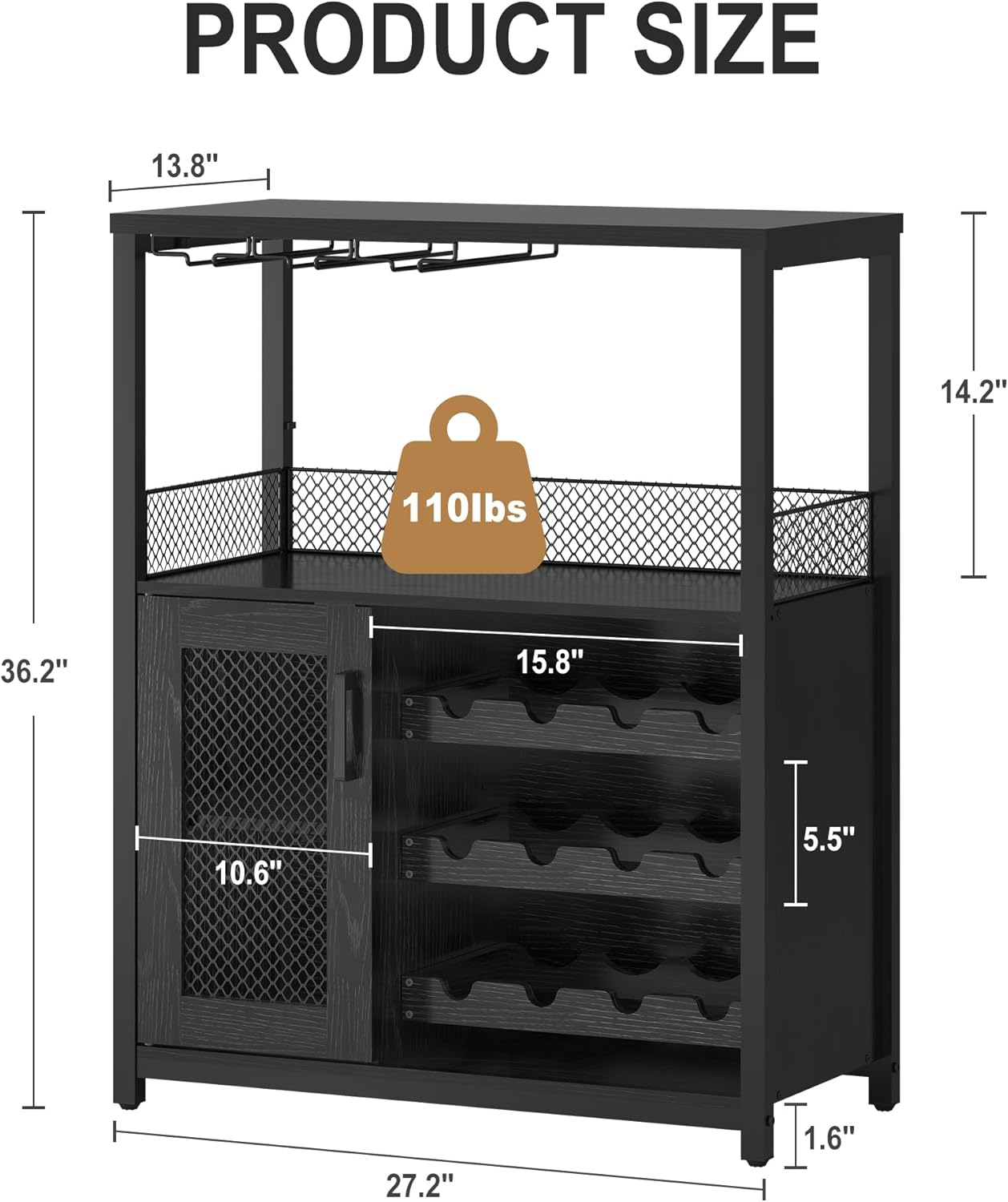 IDEALHOUSE Wine Bar Rack Cabinet with LED Light, Adjustable Shelves Coffee Bar Cabinet with Mesh Door and Baffle Design, 36 in Tall Small Liquor Bar Cabinet for Home, Kitchen, Dinning Room, Black