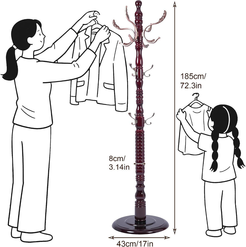 73'' Vintage Coat Racks Freestanding with 20 Metal Hooks, Solid Wood Coat Rack Hanger Stand with 3 Adjustable Size, Heavy Duty Coat Rack Tree for Entryway, Bedroom, Hallway, Office, Apartment