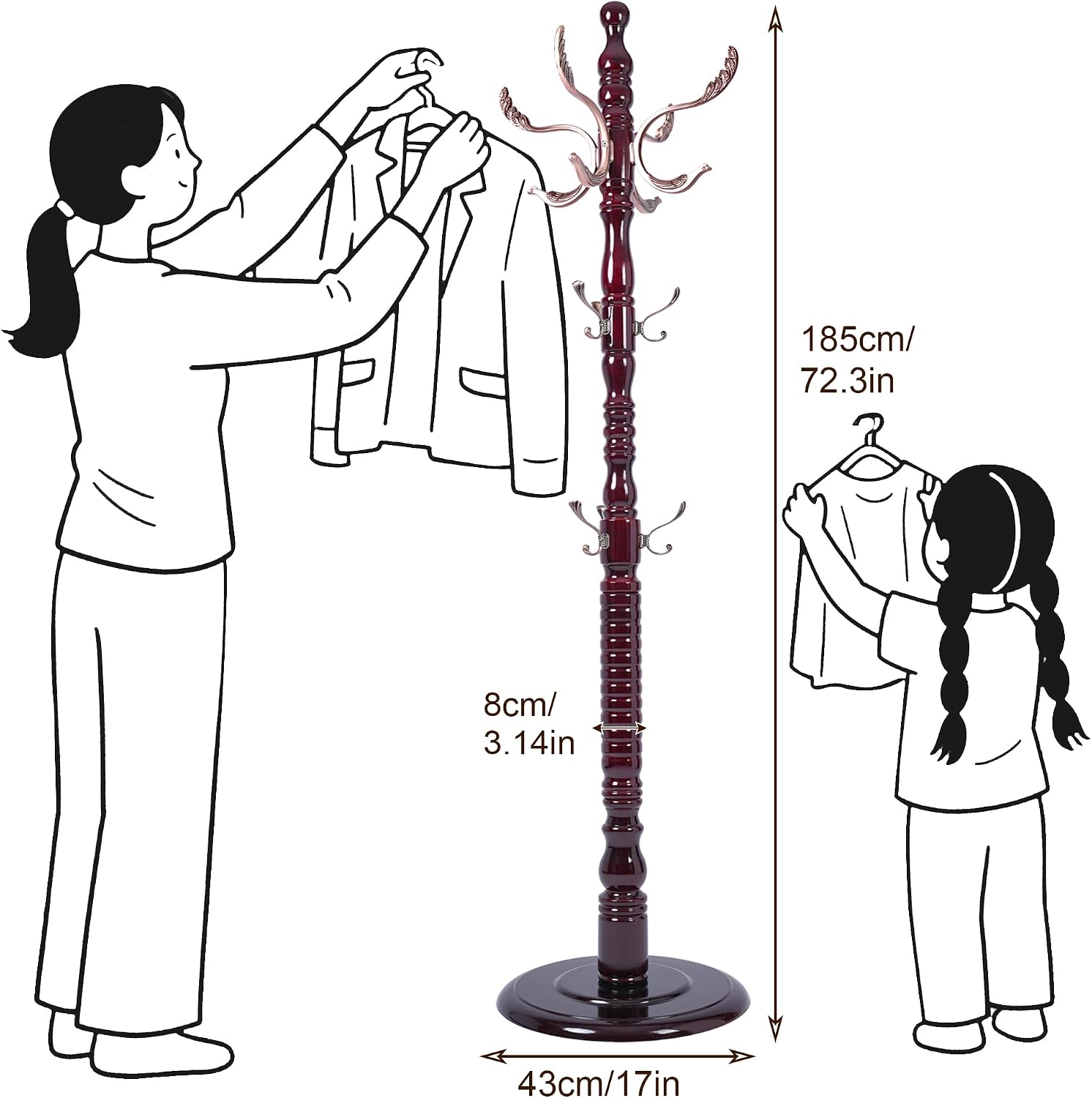 73'' Vintage Coat Racks Freestanding with 20 Metal Hooks, Solid Wood Coat Rack Hanger Stand with 3 Adjustable Size, Heavy Duty Coat Rack Tree for Entryway, Bedroom, Hallway, Office, Apartment