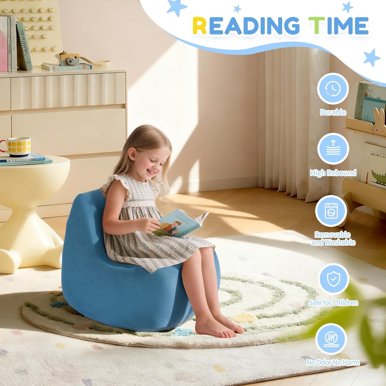 Toddler Chair, Comfy Kids Sofa Chair for Playroom, Supportive Toddler Couch for Boys and Girls with Washable Cover, Small Kids Furniture Sofa for Baby Gift (L-Shape-Blue)
