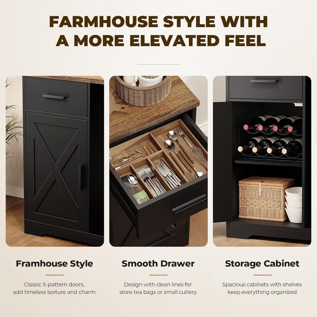 Large Coffee Bar Cabinet with Fridge (Fridge Included), 47'' Farmhouse Bar Cabinet with Wine Storage, Buffet Sideboard Table Station with 2 Drawers & Large Countertop for Home, Black