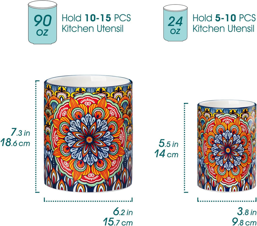 vancasso SIMI Utensil Holder, 7.3"+5.5" Porcelain Kitchen Utensil Holder for Countertop, Bohemian Kitchen Utensil Organizer for Spatulas, Spoons, Ladles, Decorative Counter Utensil Crock, Regal Bloom
