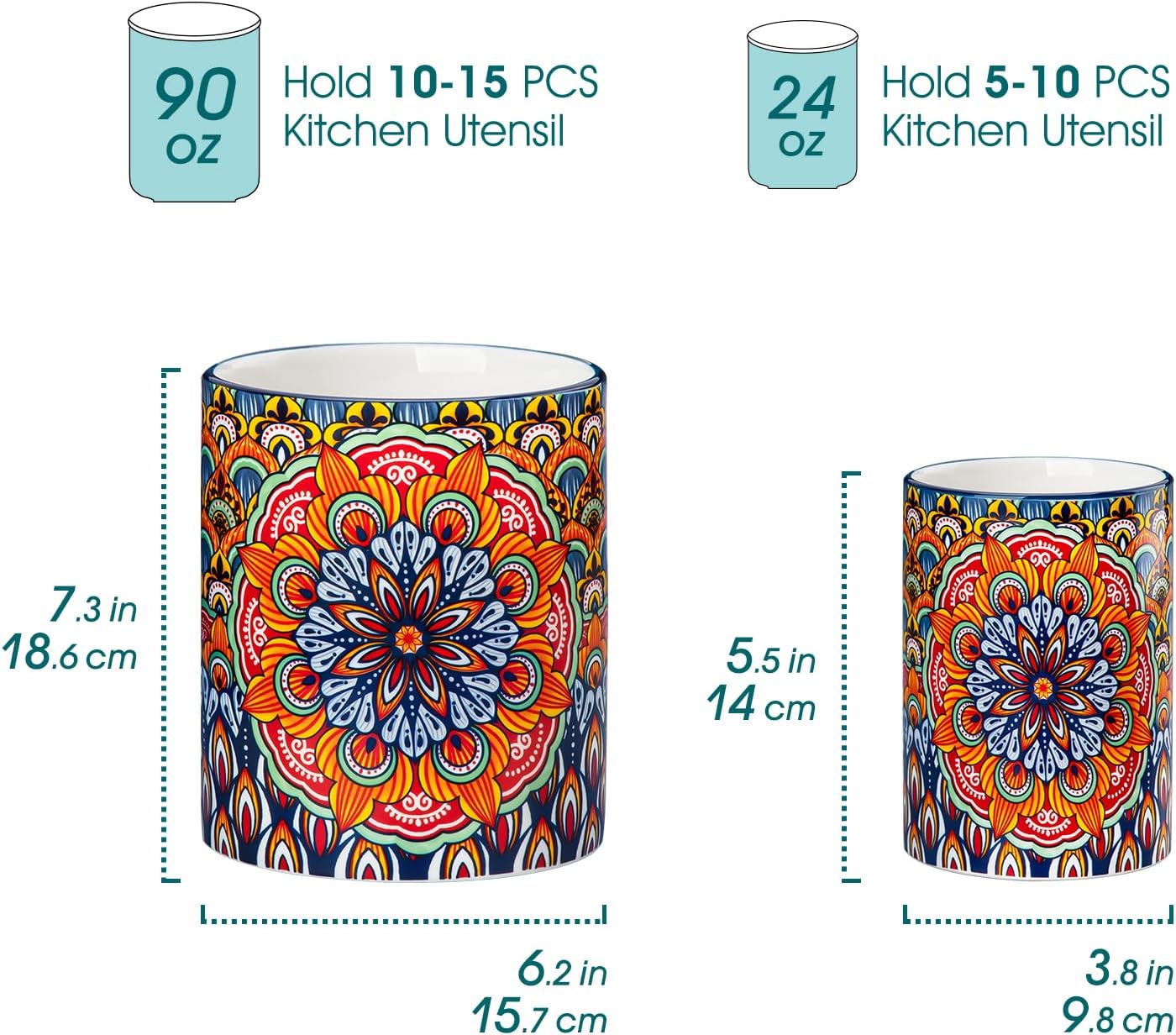 vancasso SIMI Utensil Holder, 7.3"+5.5" Porcelain Kitchen Utensil Holder for Countertop, Bohemian Kitchen Utensil Organizer for Spatulas, Spoons, Ladles, Decorative Counter Utensil Crock, Regal Bloom