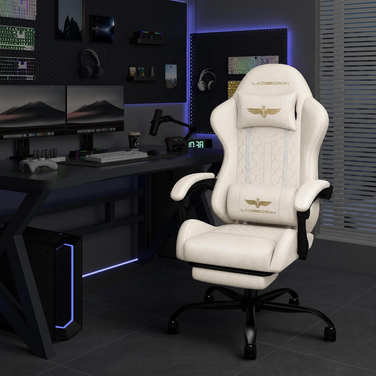 Gaming Chair, Heavy Duty Ergonomic Computer Gaming Chairs, High Back Video Game Chairs, 400 lbs Lumbar Support Linked Armrests Adult sillas Gamer with Retractable Footrest (Off-White)